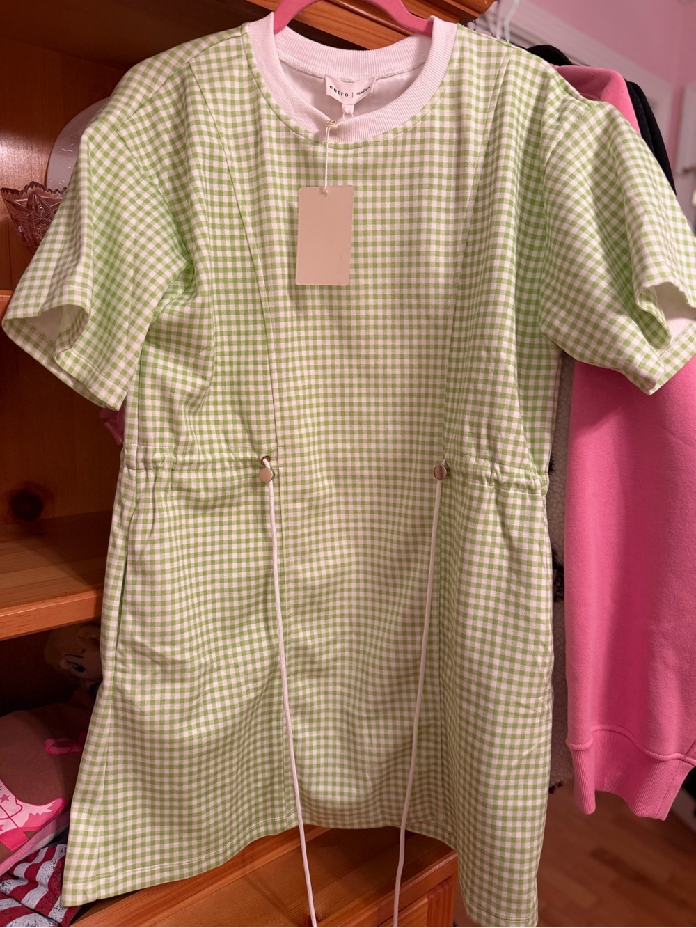 Entro Green Gingham Drawstring Dress with White Trim - Picture 1 of 2